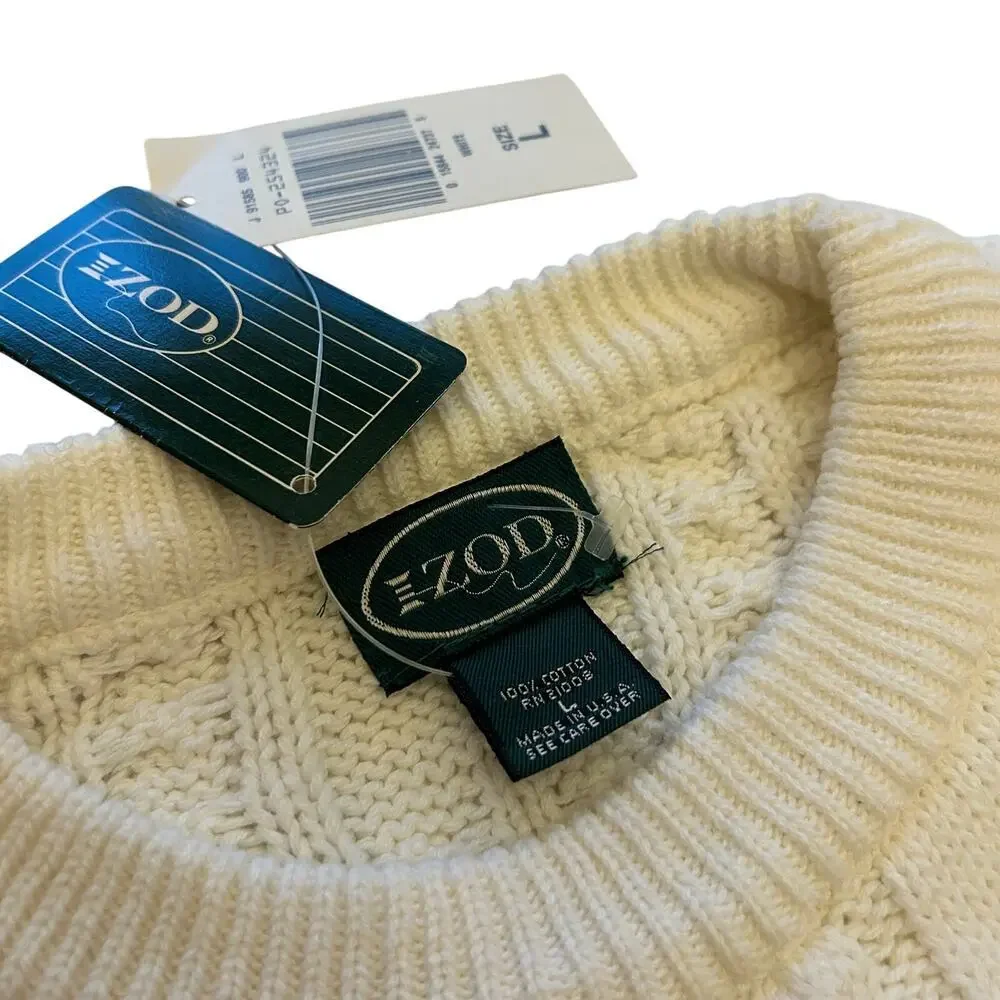 Vintage IZOD Cream Cable Knit Sweater | Large | 100% Cotton Crew Neck